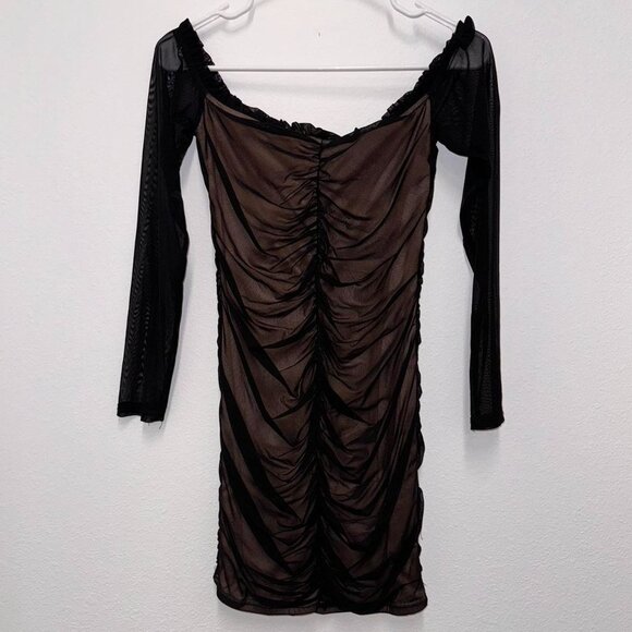 Fashion Nova black mesh mini dress with long sleeves, rushed bodice, and lace up - Picture 3 of 4